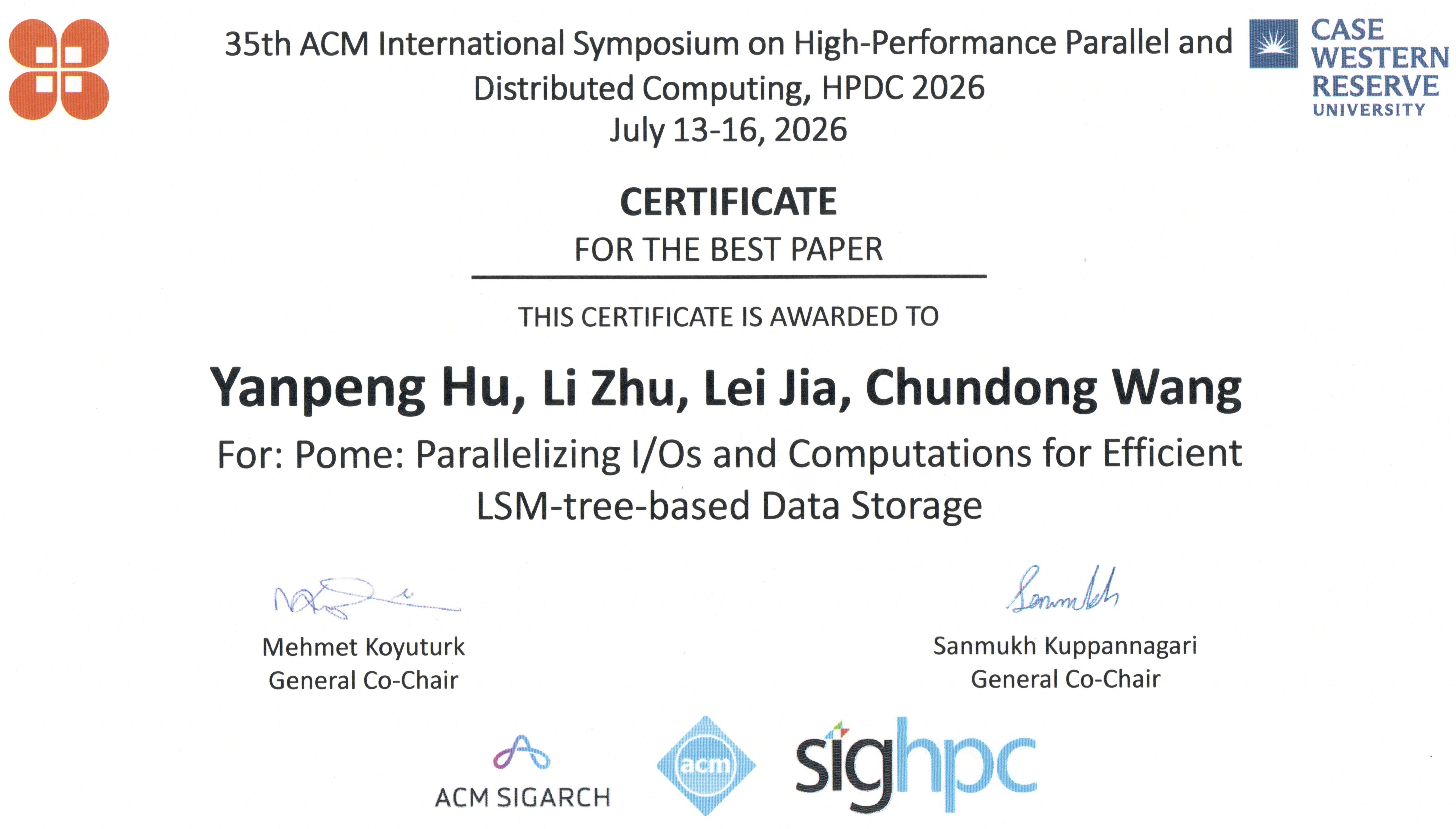The Certificate of Best Paper Award